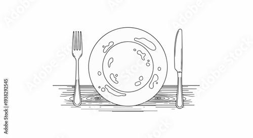 Simple line drawing of a plate, fork, and knife set on a wooden surface