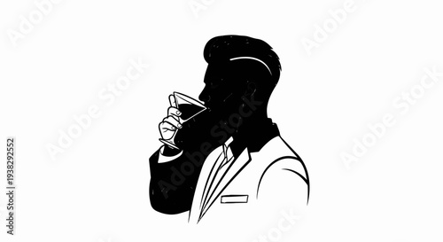 Stylized black silhouette of a man in a suit drinking a martini