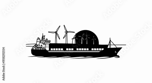 Ship carrying wind turbines under a large semicircular sun or moon