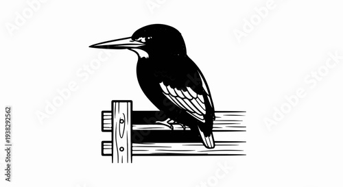 Black and white illustration of a bird perched on a wooden fence