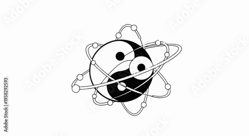 Black and white yin yang symbol with orbiting atomic structure