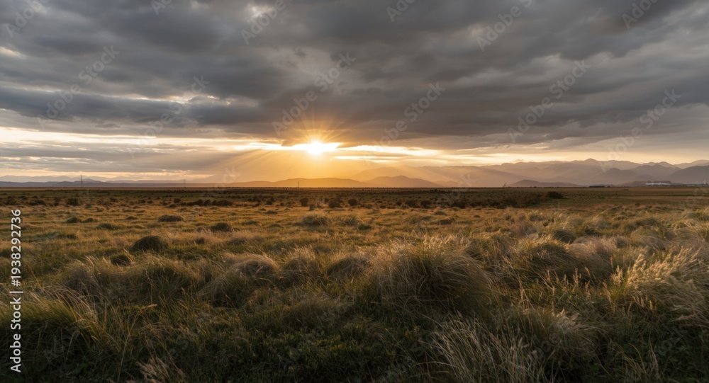 Fototapeta premium A serene rural expanse of grassy plains with warm sun rays shining through cloud layers and mountainous terrain in the distance