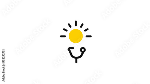 A medical icon, yellow sun with black rays above a stethoscope on a clean white background