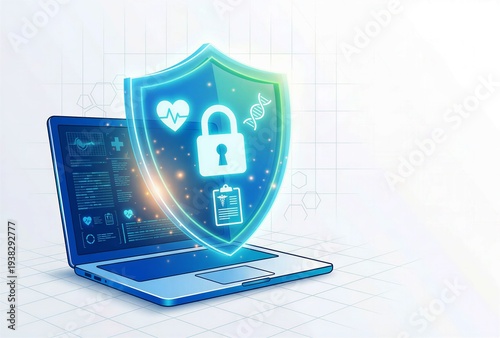 Shield icon with medical symbols hovering over laptop. Digital protection of patient data and medical records. Cybersecurity concept for healthcare and secure hospital information system.