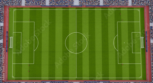 Aerial view of a professional soccer field with stadium seating.