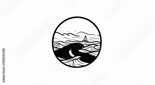 Stylized illustration of a sailboat navigating rough ocean waves within a circle