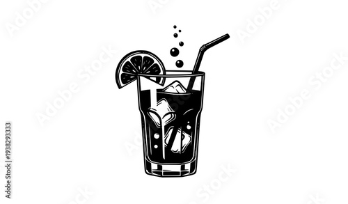 Single Black and White Cocktail Vector with Flat Minimalist Style and Ice Cube Silhouette for Bar Graphics
