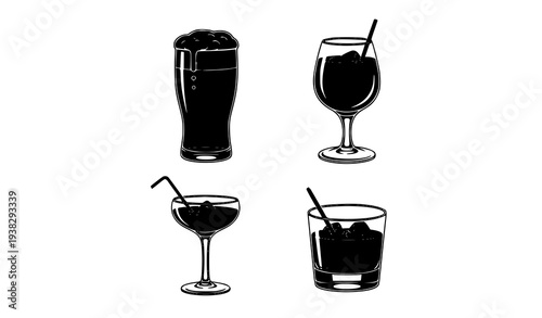 Top-Down Black and White Alcohol Drink Silhouette Vector for Minimalist Bar and Beverage Design