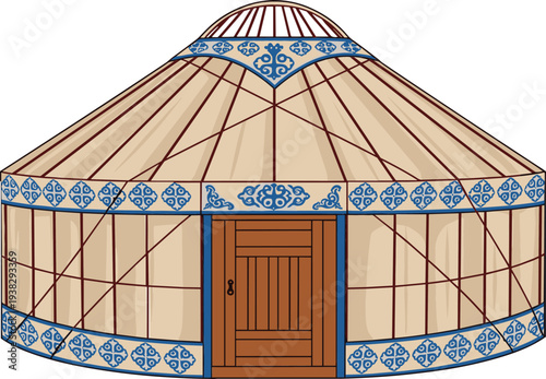 Traditional Kazakh Yurt Nomadic Tent with Ornamental Pattern, Central Asian Dwelling Illustration