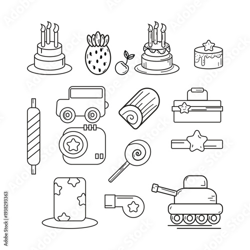Birthday themed coloring book icon set with cake, candles, strawberry, candy, toy car, lollipop, gift box and cartoon tank. Simple outline vector illustration for kids coloring page, activity book, nu