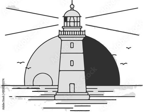 Tall lighthouse beams light across the ocean at sunset with birds flying