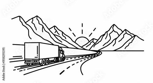 Truck drives on winding road with mountains and sunrise