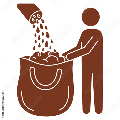 Illustration of a person pouring contents into a large bag or container with handles showing abundance and accumulation