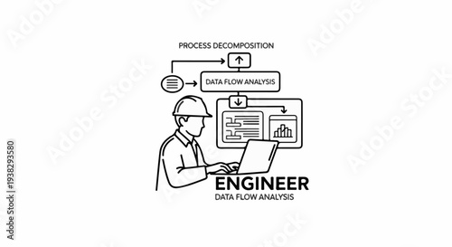 Engineer analyzing data flow on laptop with process decomposition diagram