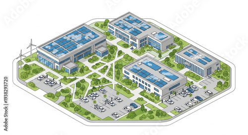Modern Corporate Campus with Solar Panels and Green Spaces.