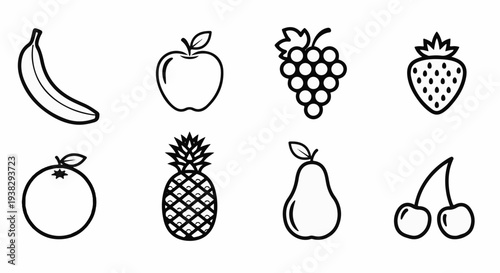 Eight simple black and white line art icons of various fruits on a white background