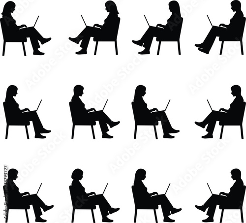 Illustration of group of laptop users with one highlighted figure in blue, symbolizing individuality, uniqueness, digital focus, professional selection, and workplace distinction.