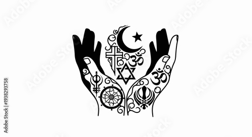 Open hands cradle diverse religious symbols, promoting unity and acceptance