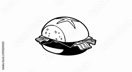 Stylized line drawing of a sandwich with a bun, bacon, and cheese