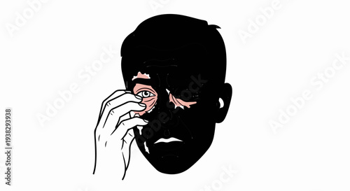 Stylized portrait of a person rubbing their eye, rendered in black and white
