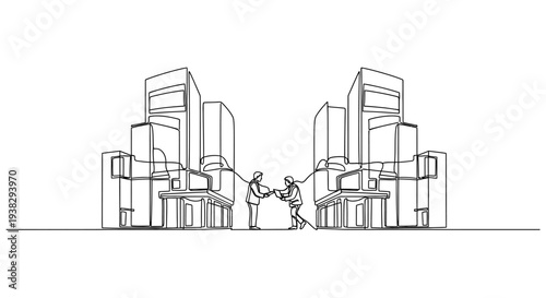 Two people pulling on a rope between two buildings in a continuous line drawing.