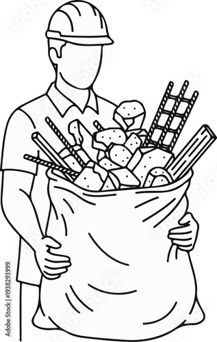 Person in hard hat carrying large bag filled with rubble and construction debris