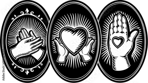 Symbolic hands with heart and spiritual motifs in black