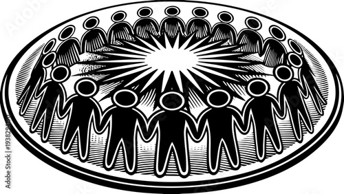 Stunning black and white illustration of diverse people united in circle