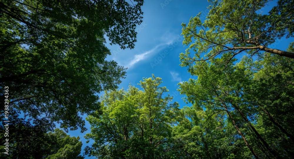 Fototapeta premium Copy space area beneath blue sky and dense forest leaf canopy