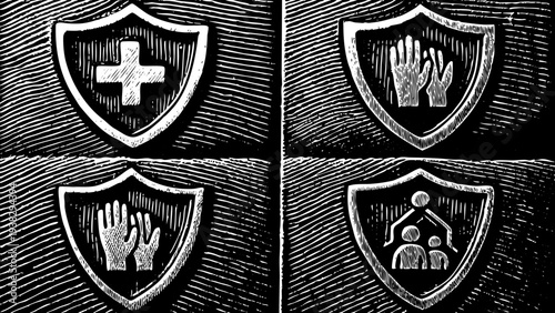 Protective shields with medical, help, and family icons on black
