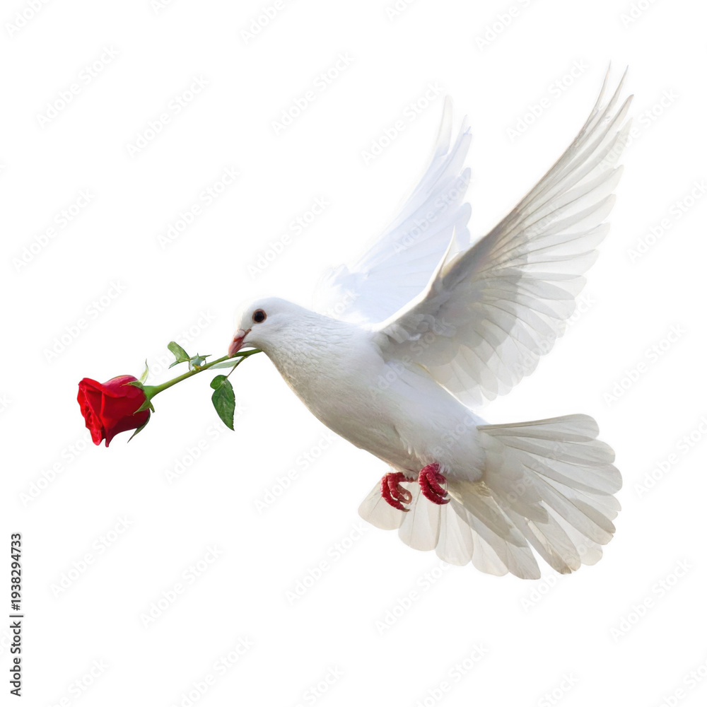 Fototapeta premium White dove flying with a red rose isolated on transparent background