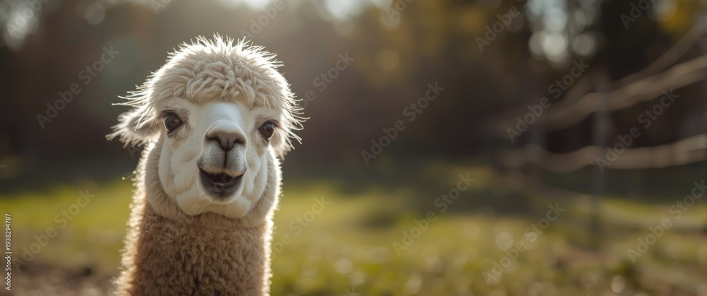Naklejka premium Cheerful young llama presenting thick fur and copy space in sunny outdoor backdrop