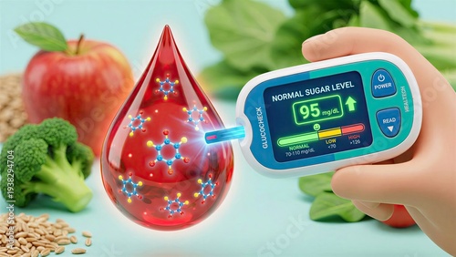 Hand holding glucose meter measuring blood sugar level from a drop with molecule. Diabetes management and diagnostic testing. Healthy nutrition and diet concept for patient blood control.