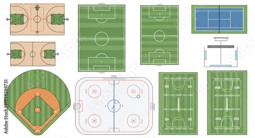 Collection of Sports Fields and Courts Layouts Diagrams.