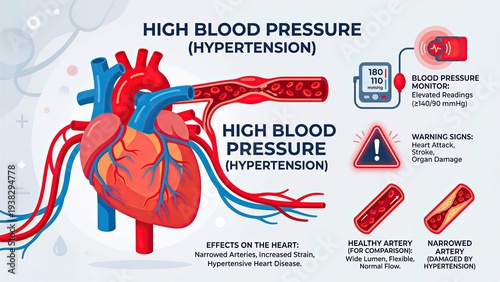 Medical infographic showing high blood pressure and hypertension effects on human heart and artery. Educational diagram of cardiovascular system damage and risk of heart attack or stroke.