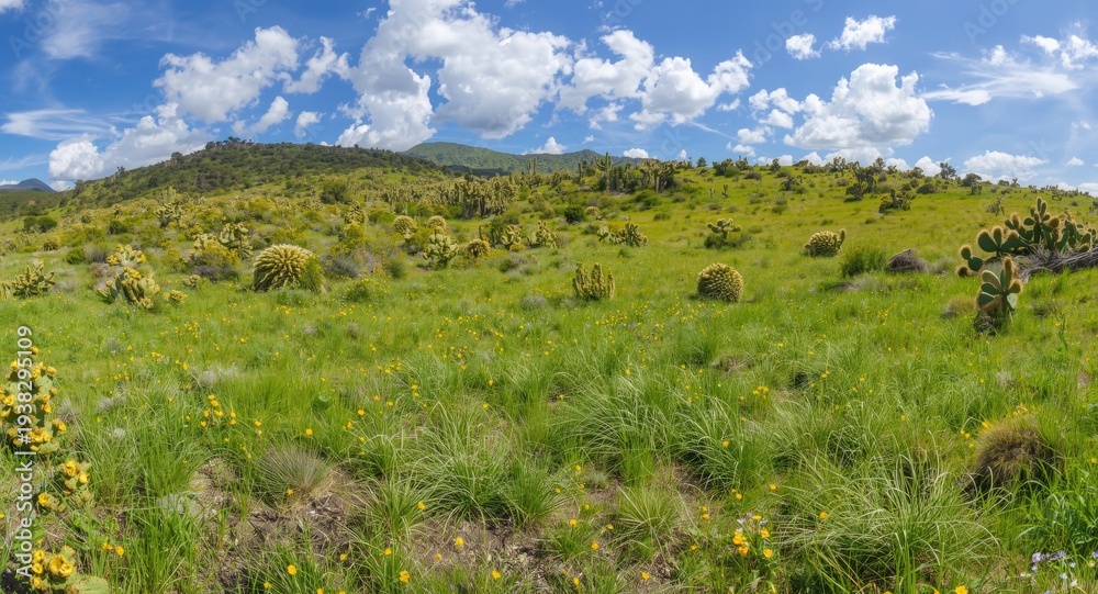 Fototapeta premium A natural panorama of a cactus habitat encircled by dense green grass and meadow patches under a bright sky