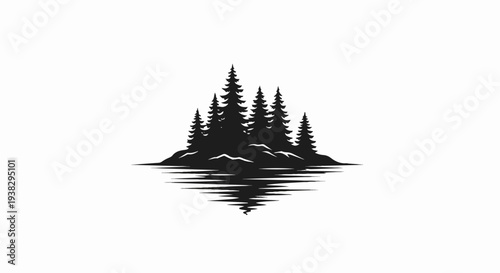 Silhouette of evergreen trees on a rocky island with water reflection