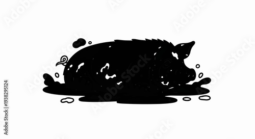 A stylized black and white illustration of a happy pig in mud