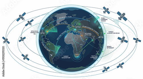 A futuristic illustration of a world map with satellites orbiting the globe, representing a global network and strategy concept