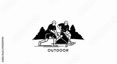 Two players in dynamic pose with sticks and ball, trees background