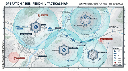 A futuristic tactical map displays strategic military operations planning with blue circles and hexagons on a world map background