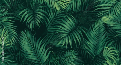 Dense tropical foliage background with palm leaf pattern and graphic design copy space