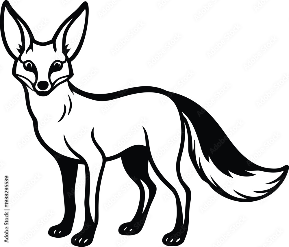 Obraz premium A stylized, monochrome illustration of a Fennec fox stands centered against a pure white background. The fox is depicted in a full-body pose, with a slender build and long, thin legs. Its most promine