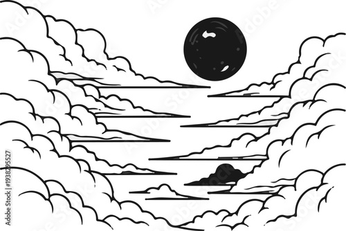 Stylized black and white illustration of a full moon peeking through layered clouds