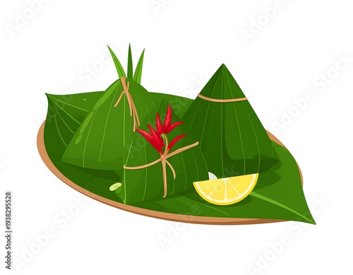 Triangle food wrapped in green leaves, tied with string, garnished, on a leafy platter, isolated on white