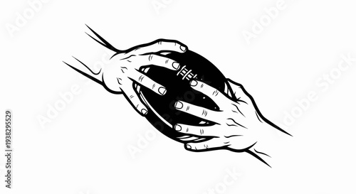 A stylized black and white graphic of hands grasping a football