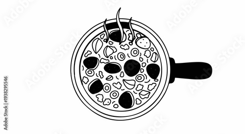 Steaming pizza in a pan with round toppings and smaller circular elements