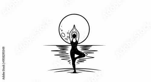Woman in tree pose yoga with full moon and water reflection
