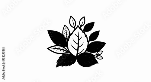 Black and white illustration of a cluster of stylized leaves
