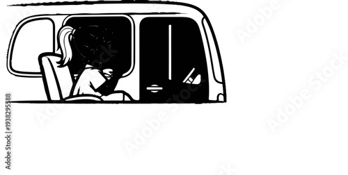 Stylized depiction of two figures in a vehicle, one in the front
